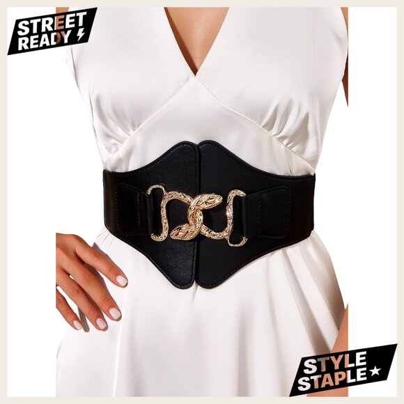 Snake Buckle Faux Leather Elastic Wide Belt Corset Y2K Chic Retro Style